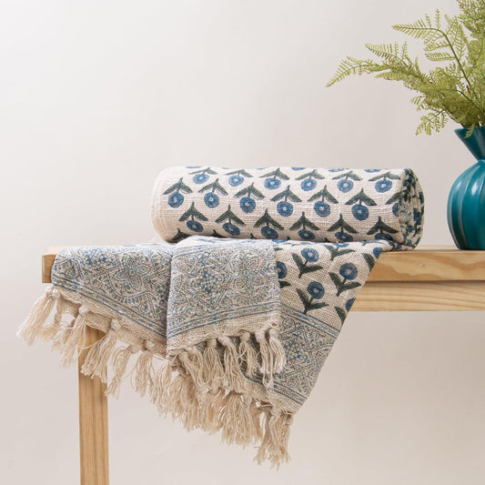 Hand Printed Throw Blanket – Sofa Coverlet – 100% Cotton – 50x70 Inch