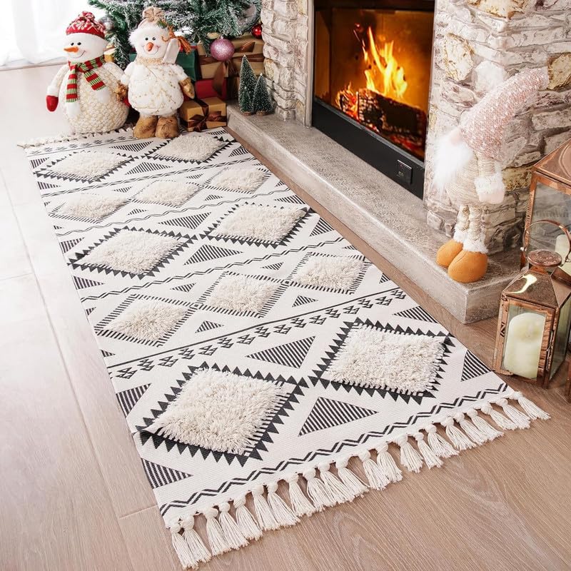 Cotton Runner – Hand Woven Washable – 2x5 ft Printed Diamond Pattern