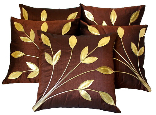 Cushion Covers – Brown Dupion Silk Golden Floral – 16x16 Inch, Set of 5 Wholesale