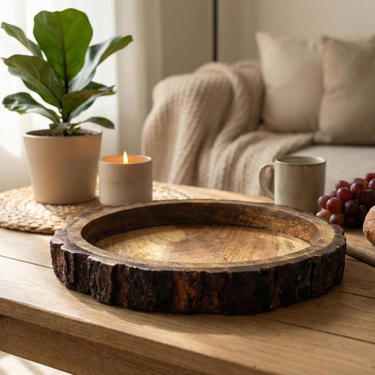 Rustic Wooden Buckle Tray – Mango Wood Serving Platter – Bark Edge, Food-Safe – 10in Round
