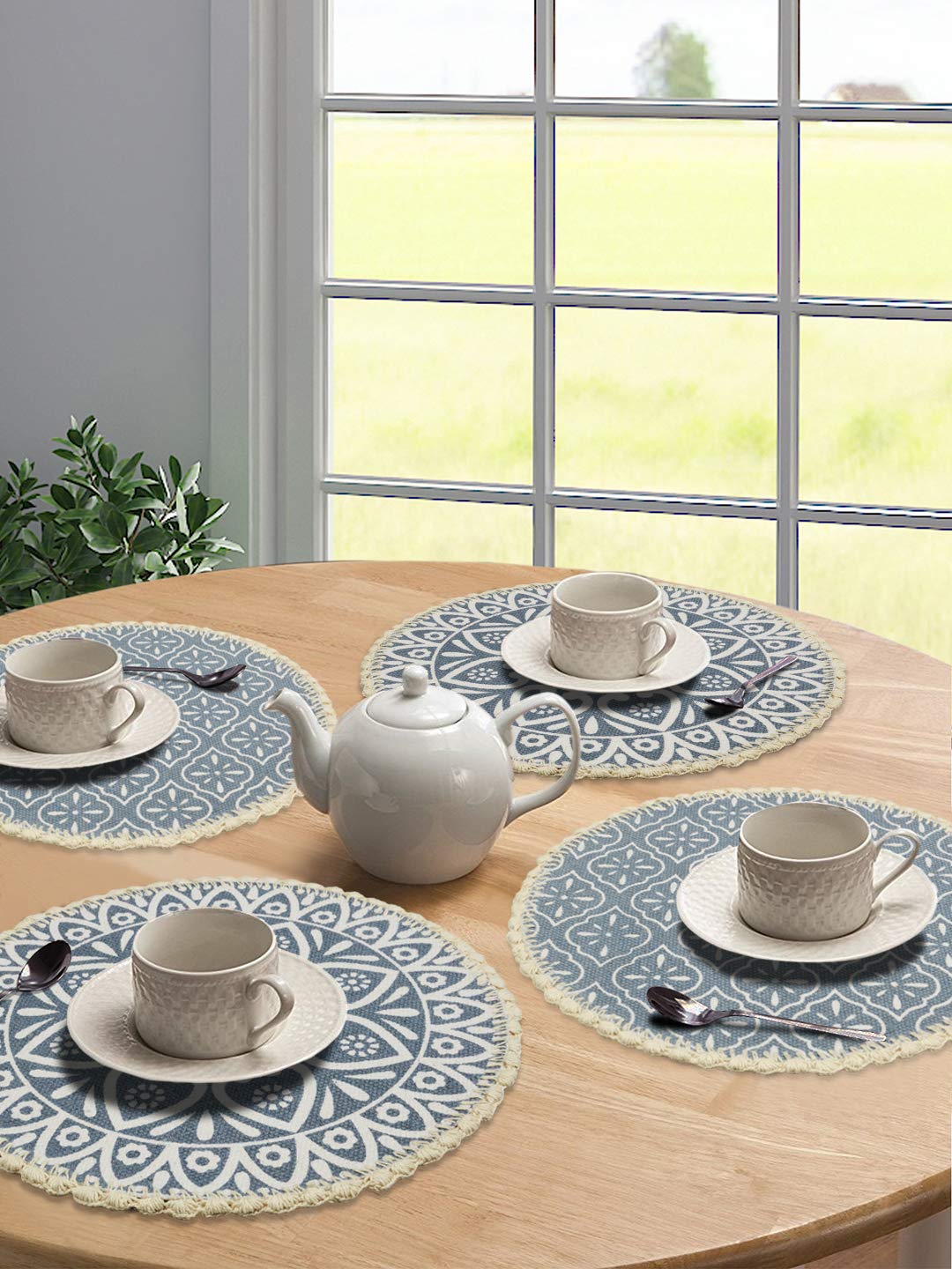 Table Mats – Jute & Cotton Crochet Antiskid – 38x38cm Round, Set of 4