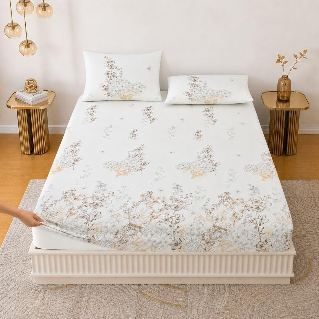 Bedsheet | Pure Cotton Elastic Fitted | 72x78 Inch, 3-Piece