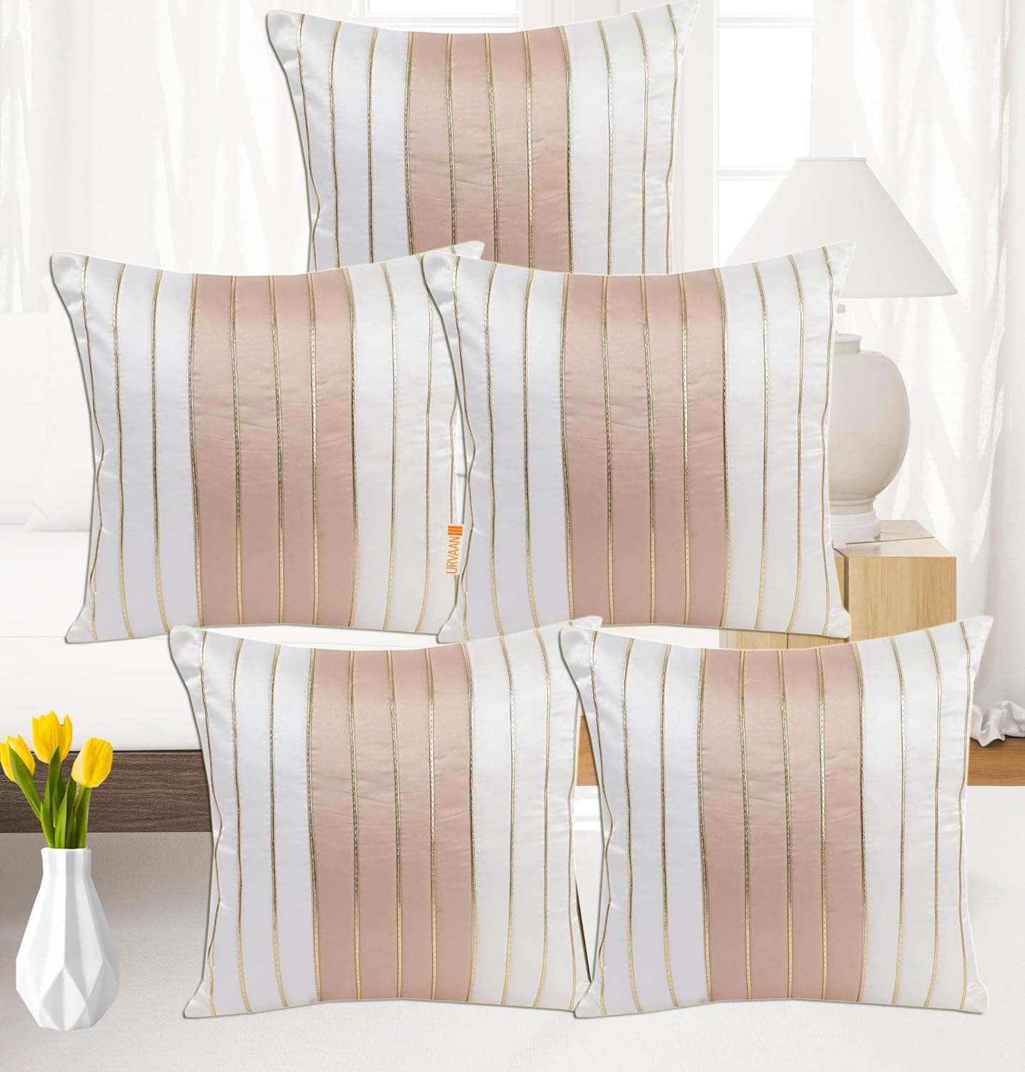 Cushion Cover Set – Dupion Silk & Rexine, White Beige Golden Striped – 16x16 Inch, 5-Pack