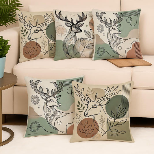 Wholesale Cushion Covers – Polycotton, Abstract Deer Line Art – Set of 5, 16x16 Inches