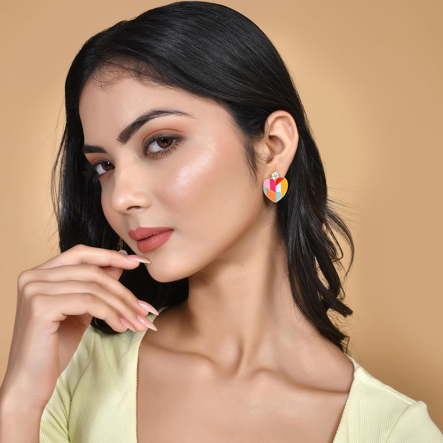 Mosaic Heart Drop Earrings – Handcrafted Brass Jewellery – Skin-Safe Finish – Retail Pair