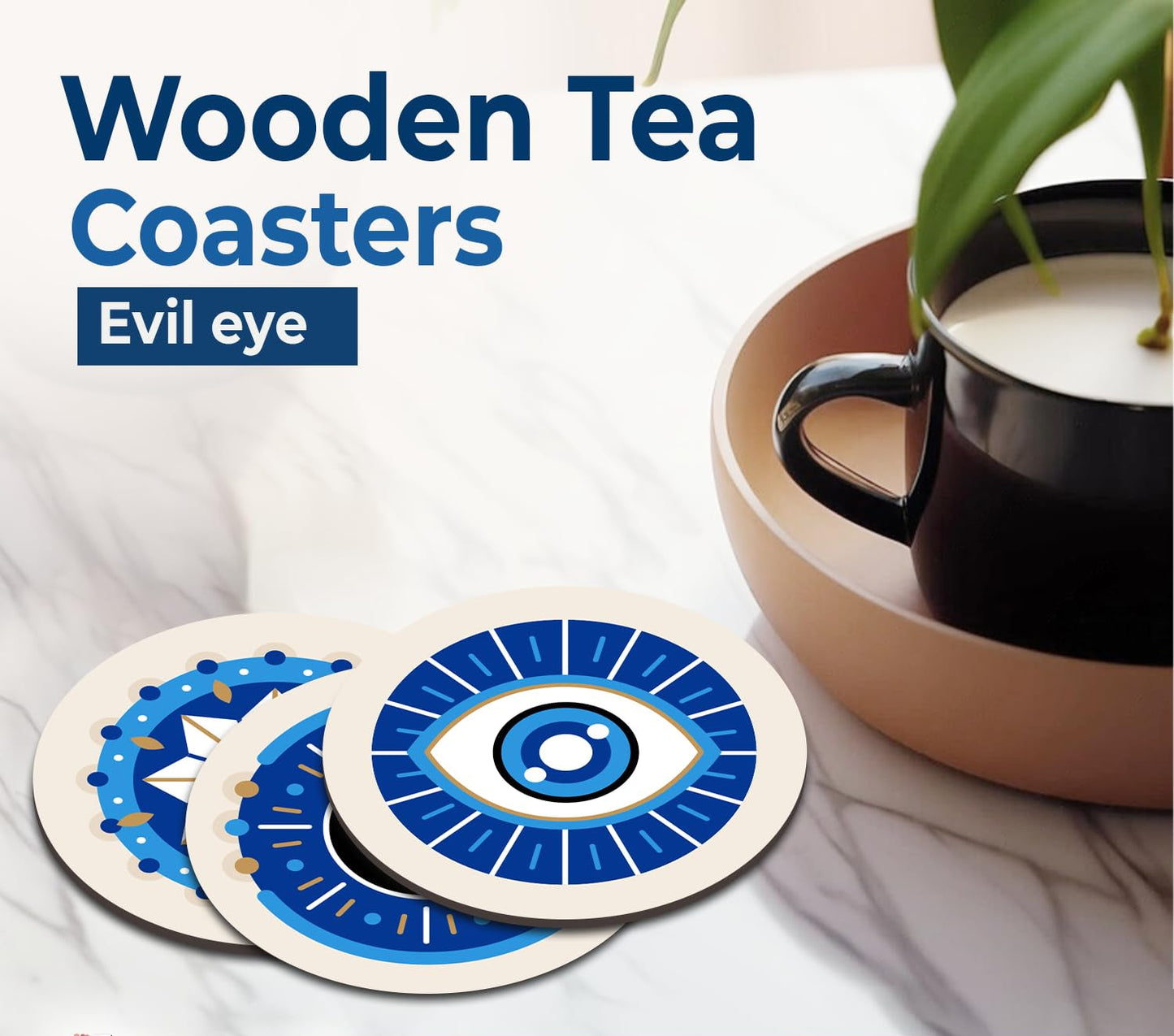 Evil Eye Elegant Wooden Tea Coasters Set of 6 with Stand | Indian Home Decor, Kitchen Accessories, Gifting