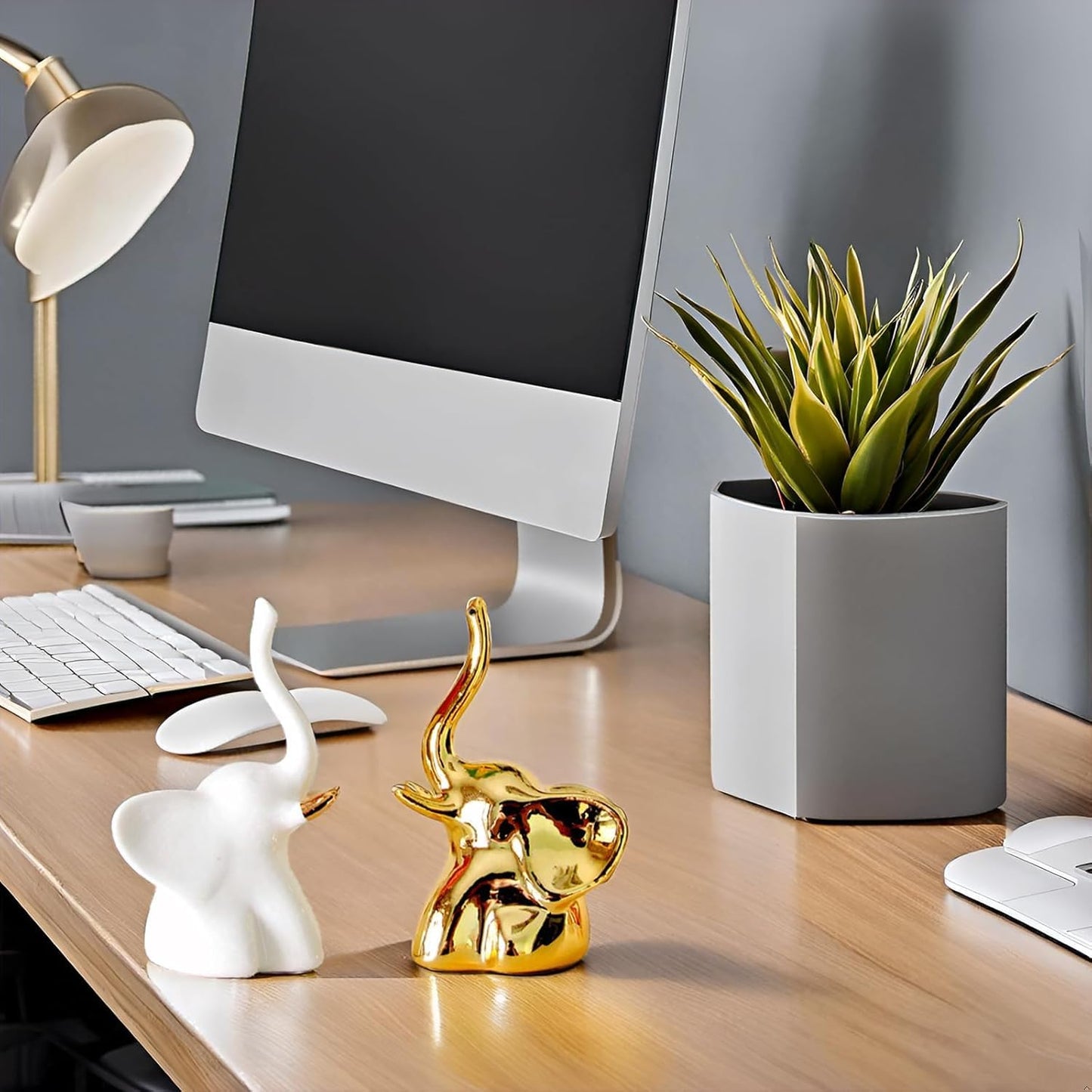 Ceramic Elephant Figurines – Modern White & Gold – 2pc Set