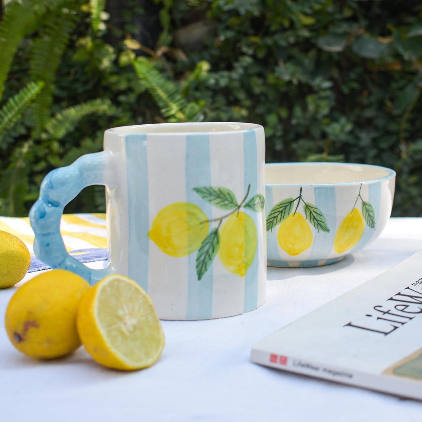 Blue Striped Lemon Mug – Artisan Ceramic Coffee Mug – Sustainable Clay – 250 ML