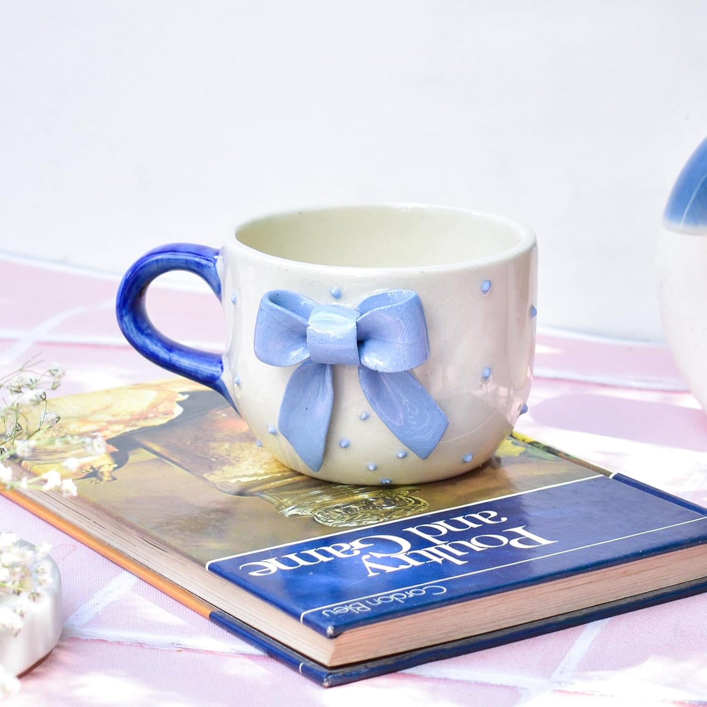 Artisan Ceramic Mug Blue Bow – Beverage Serveware – Handcrafted Clay – 220 ML