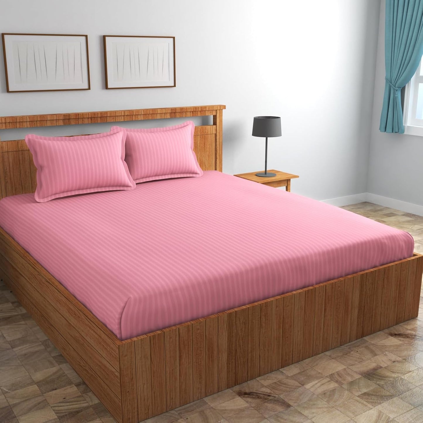 King Size Bedsheet Set - 220 TC Glace Cotton Satin Stripes - 90x90 Inch, 2 Pillow Covers