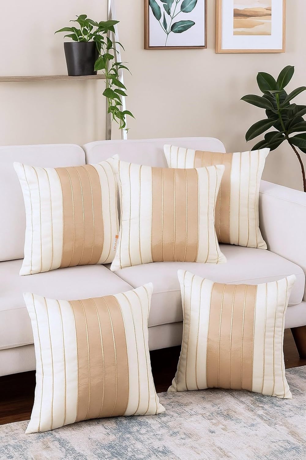 Cushion Cover Set – Dupion Silk & Rexine, White Beige Golden Striped – 16x16 Inch, 5-Pack