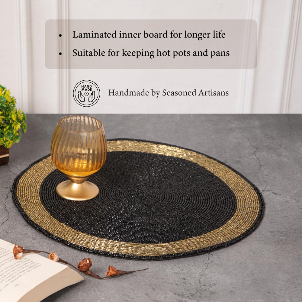 Glass Beaded Placemats – Black & Gold, 14" Round, 4-Pack