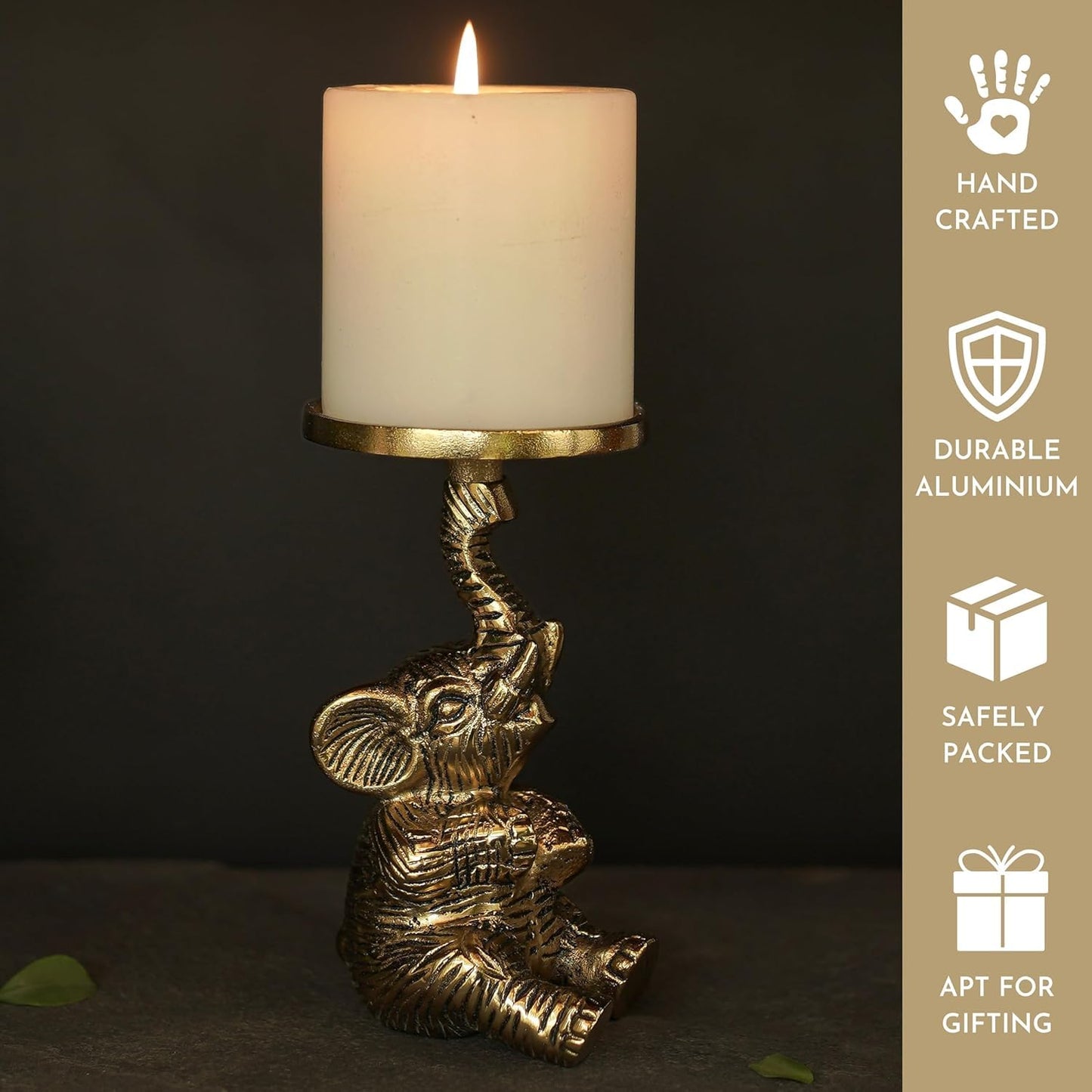 Wholesale Pillar Candle Holders – Aluminium Elephant, Gold Finish – Set of 2
