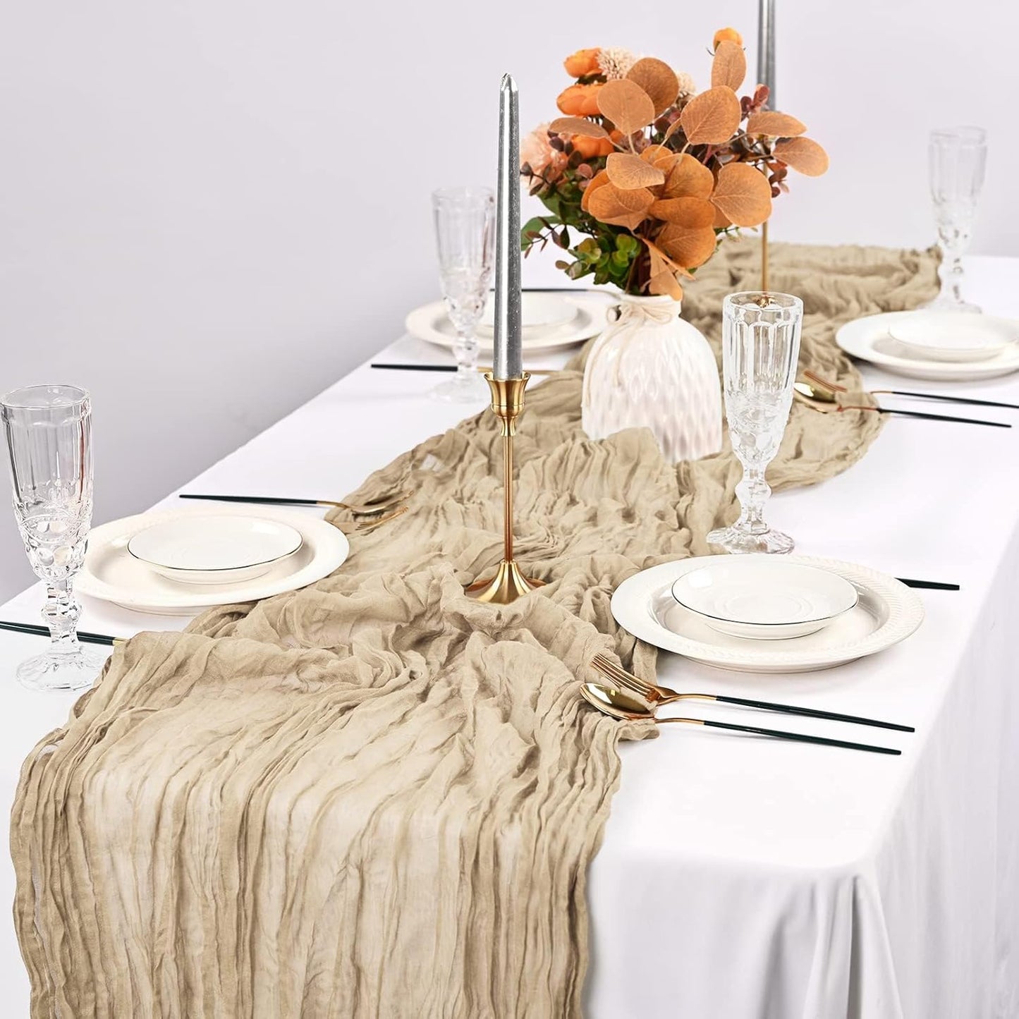 Light Brown Gauze Table Runner – Event & Dining Linens – Natural Pleats – 300x90cm