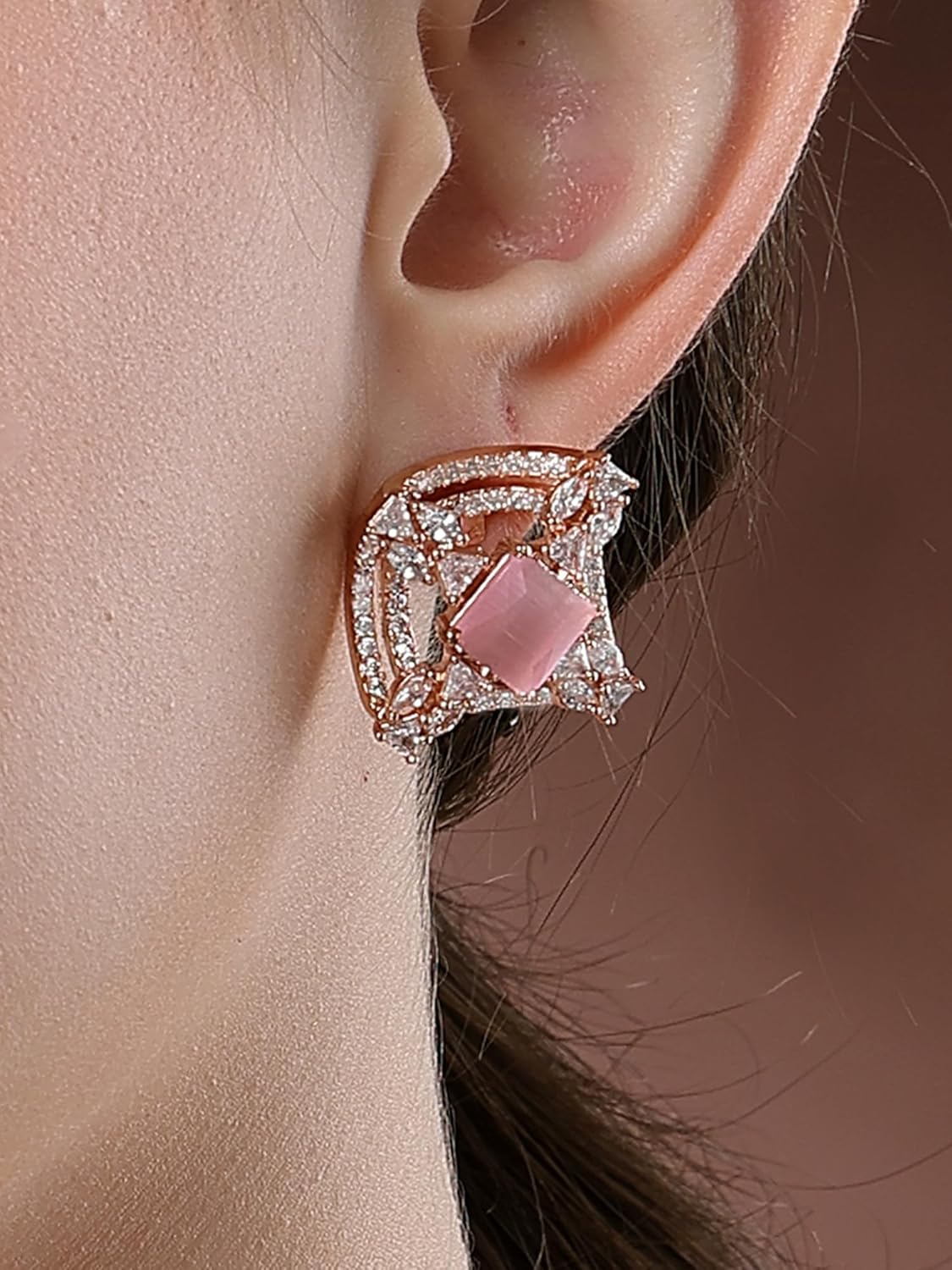 Rose Gold Plated Pink American Diamond Stud Earrings – Hypoallergenic Jewellery – Standard Pair
