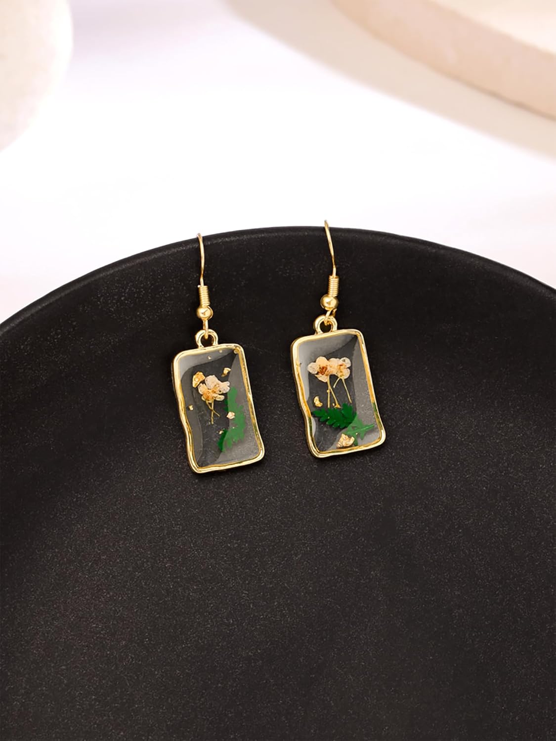 Yellow Flower Pressed Drop Earrings – Fashion Jewelry – Resin & Gold Finish – Single Pair