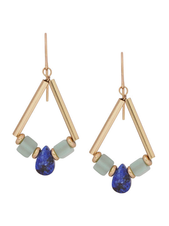 Geometric Dangle Earrings – Retail Fashion Jewellery – Gold Tone & Blue Metal – Secure Fish Hook