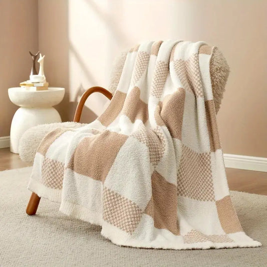 Beige Checkered Flannel Blanket - Soft, Washable 60x80 - Bed/Sofa