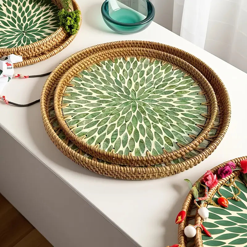 Round Rattan Tray - Blue Floral Leaf Decor - Rustic Serving Tray