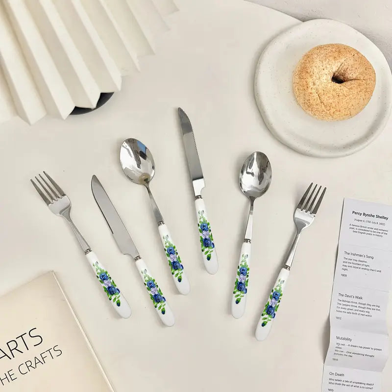 Blue Floral Porcelain Silverware Set (18pc) - Dining, Parties