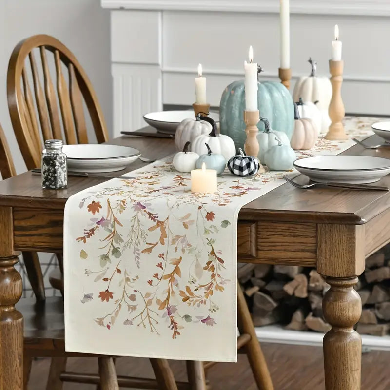 Linen Fall Table Runner - Floral Leaves Thanksgiving Decor