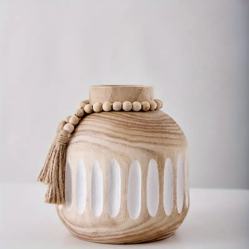 Boho Wood Vase Tassel Decor - Handmade Round Vase for Flowers