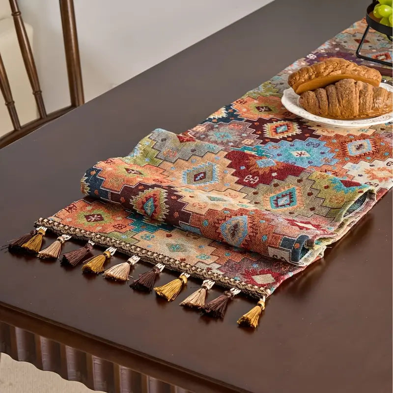 Boho Geometric Table Runner - Vibrant Linen Polyester Rectangle