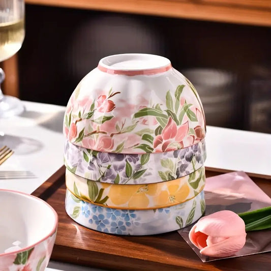 Floral Ceramic Bowls Set - 5 Inch - Dessert, Yogurt, Microwave Safe