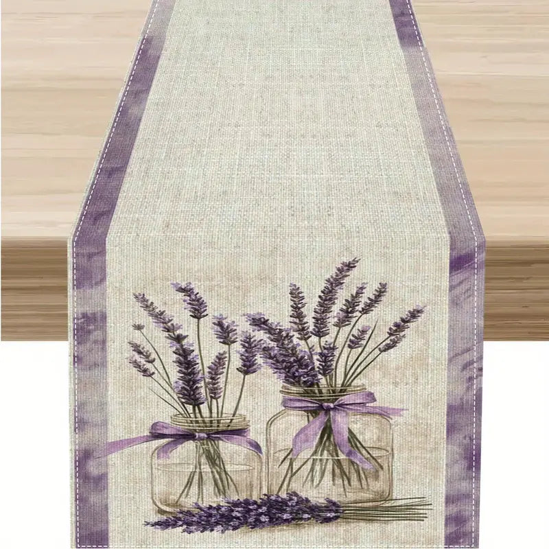 Lavender Table Runner: 72" Beige Purple Floral Glass Jar Decor
