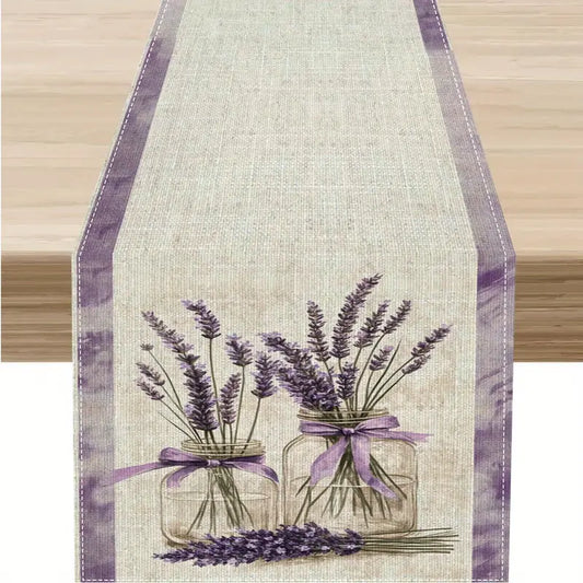 Lavender Table Runner: 72" Beige Purple Floral Glass Jar Decor