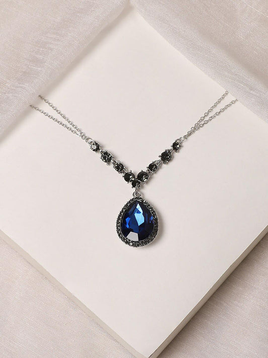 Blue Stone-Studded Necklace – Silver-Plated Alloy Jewellery – 42cm Length