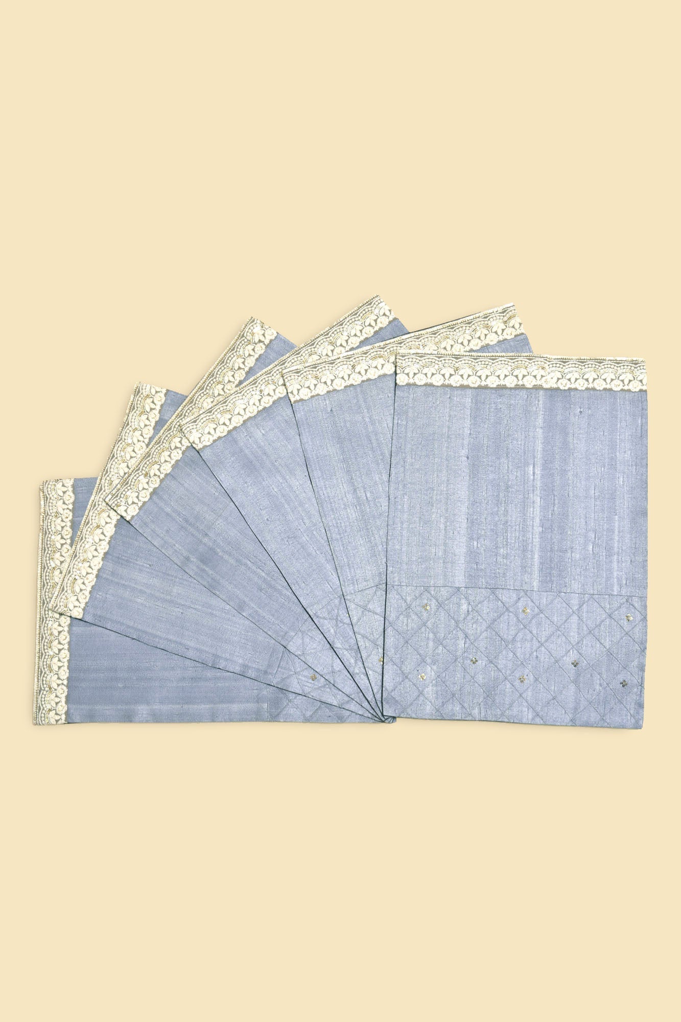 Dupion Silk Hand-Embroidered Table Runner With 6 Table Mats - Blue