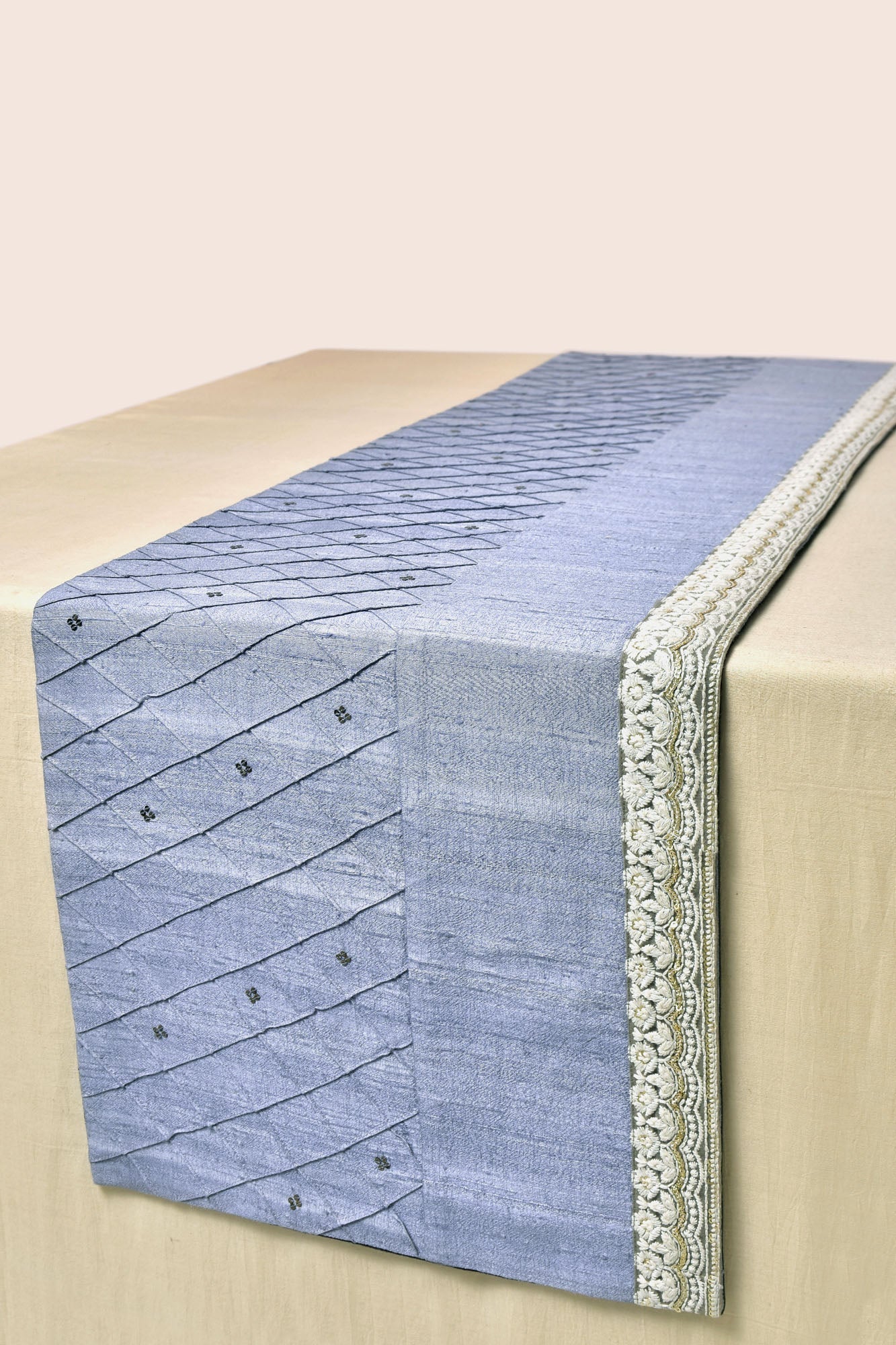 Dupion Silk Hand-Embroidered Table Runner With 6 Table Mats - Blue