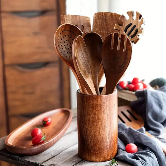 7PCS Wooden Cooking Utensils – Heat-Resistant Tools for Salad & Pan Cooking