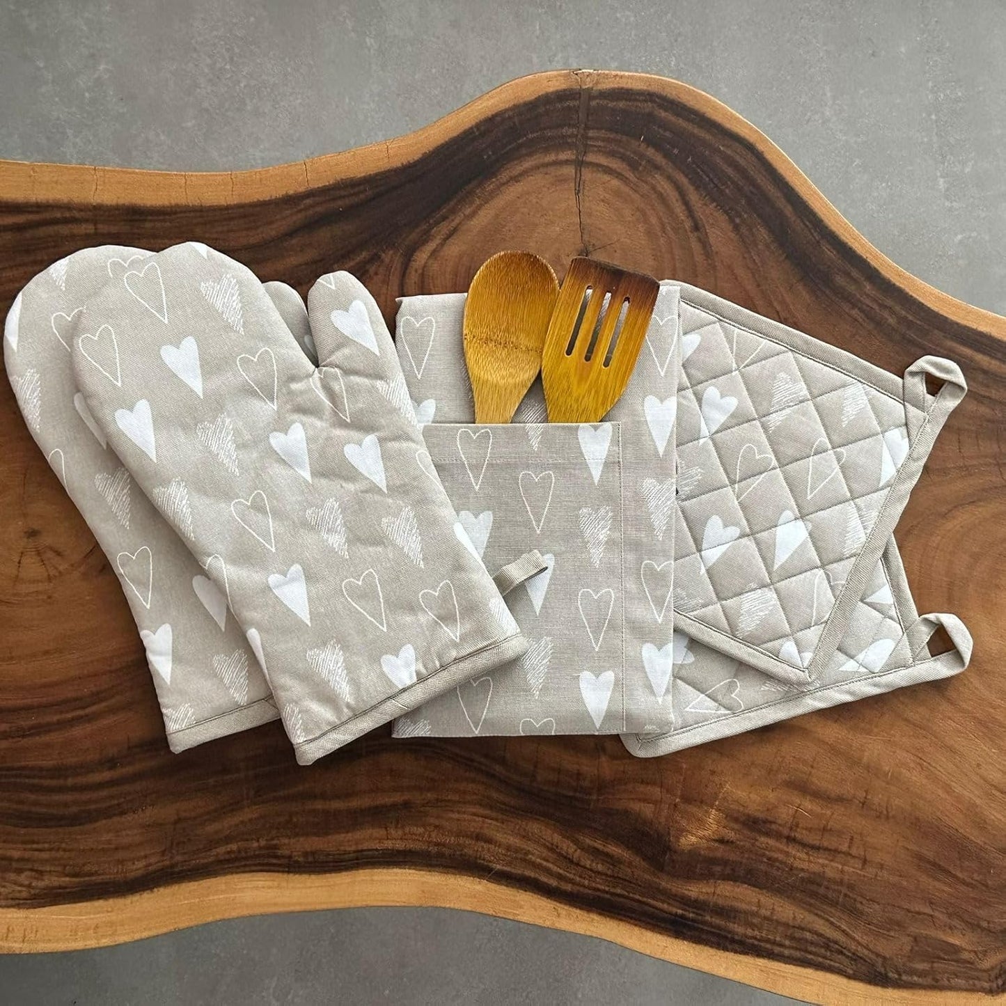 Kitchen Linen Set – Apron, Oven Mitts, Pot Holders – 100% Cotton, Machine Washable – 3-Piece