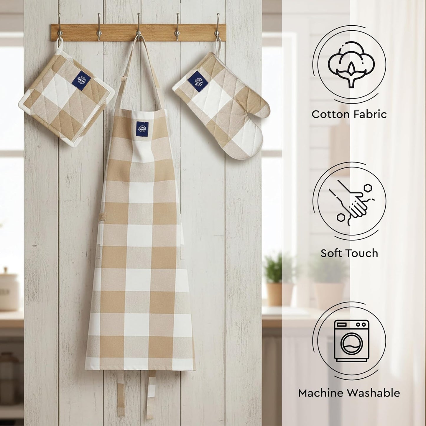 Kitchen Apron, Oven Glove & Potholder Set – 100% Cotton, Heat Resistant, Adjustable – 3-Piece