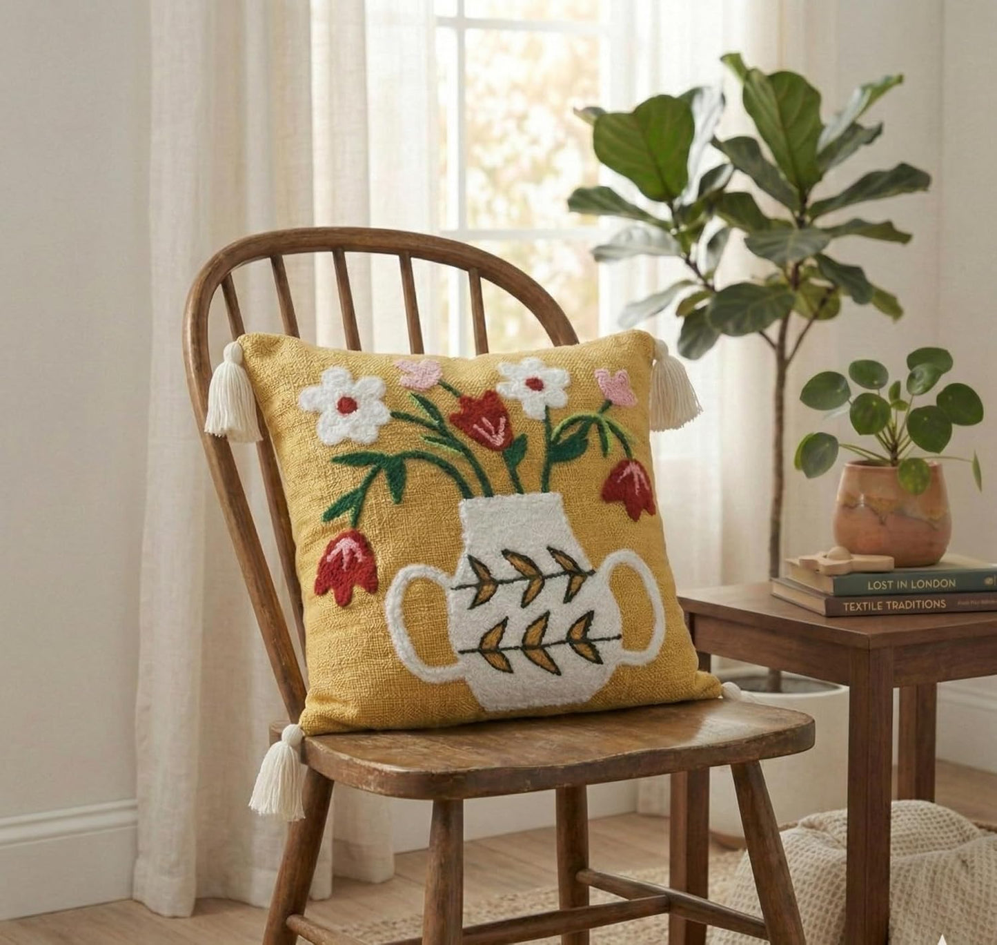 Boho Embroidered Cushion Cover – Slub Cotton – Tasseled Design – 16x16 Inch (40x40 cm)
