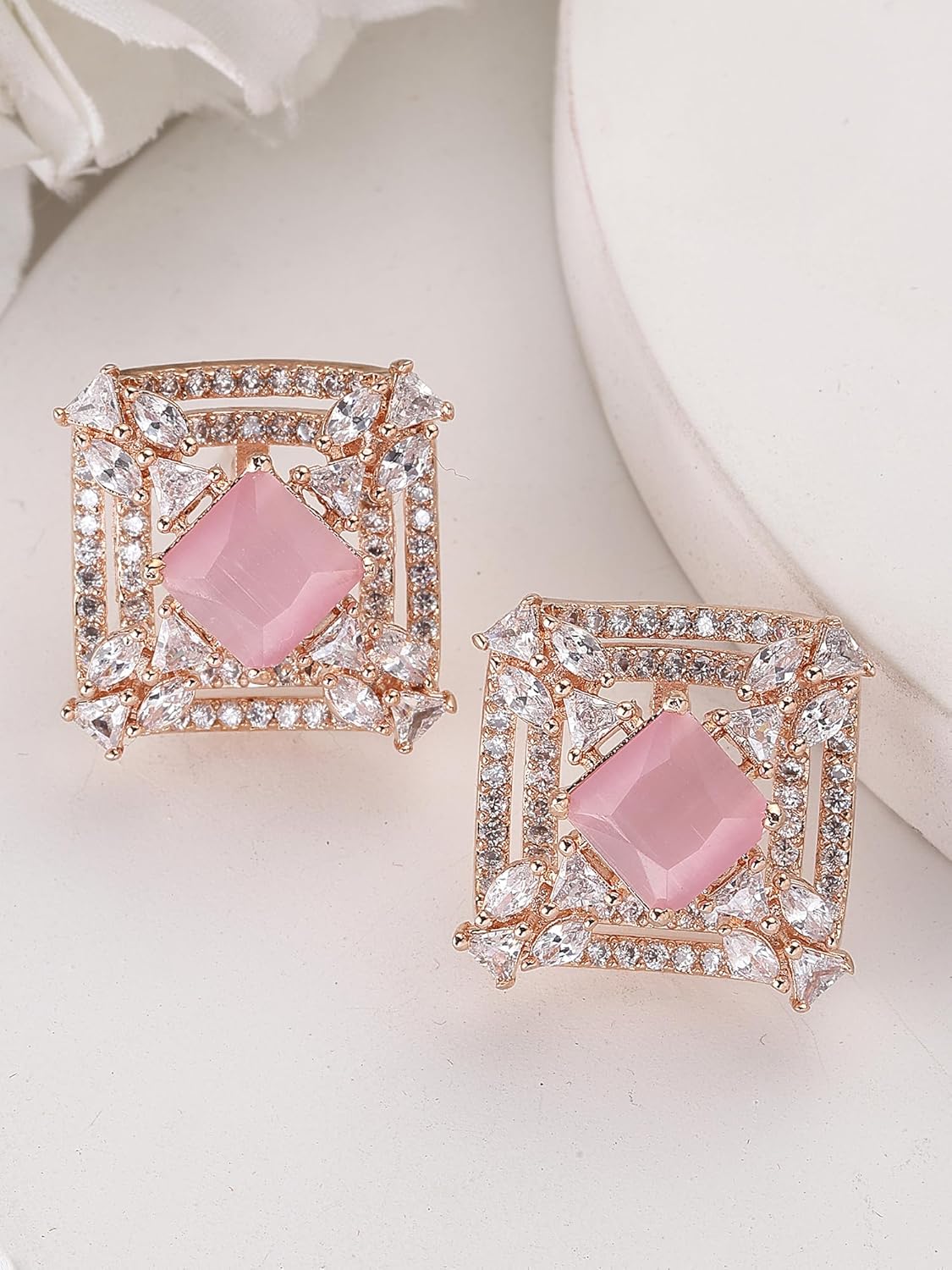 Rose Gold Plated Pink American Diamond Stud Earrings – Hypoallergenic Jewellery – Standard Pair