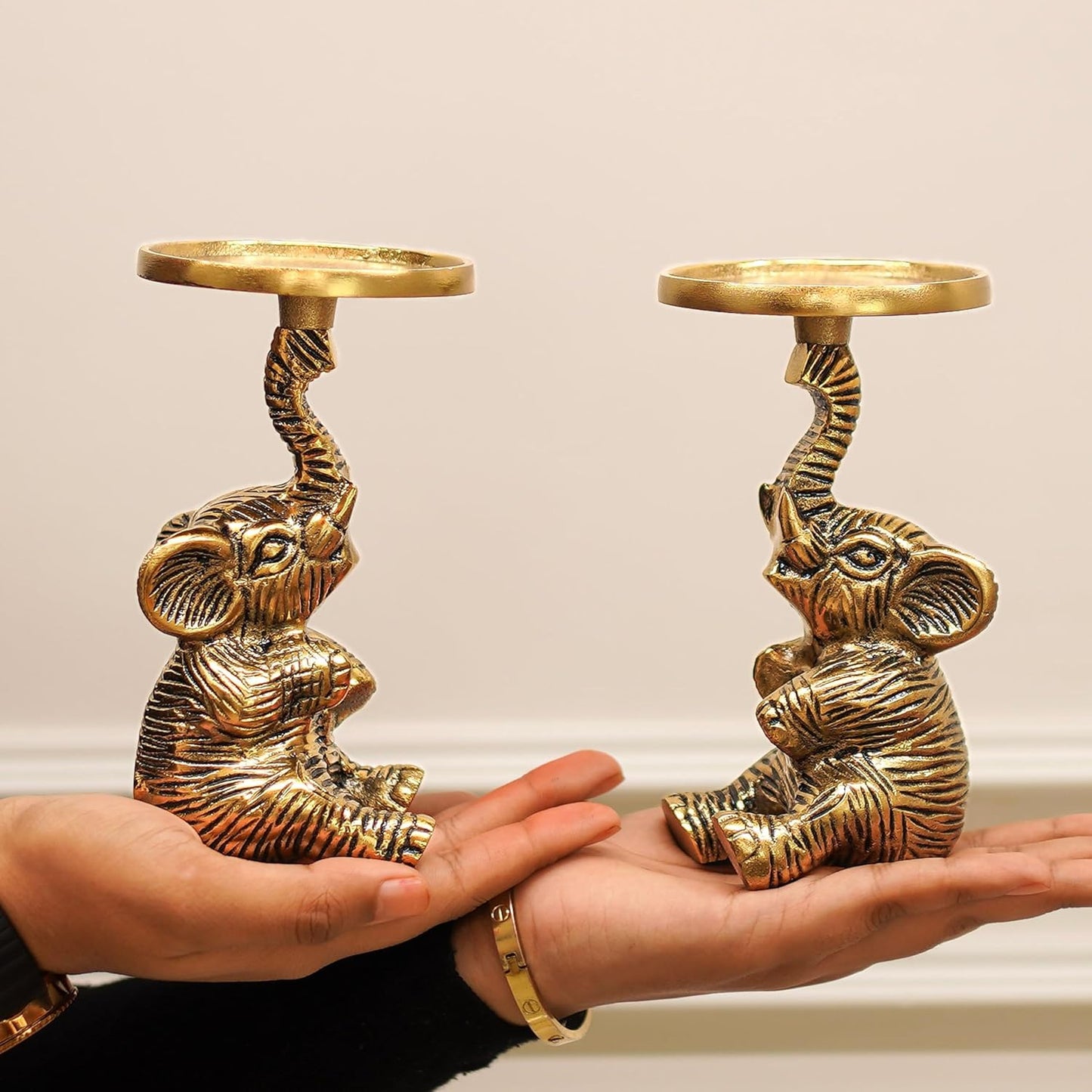 Wholesale Pillar Candle Holders – Aluminium Elephant, Gold Finish – Set of 2