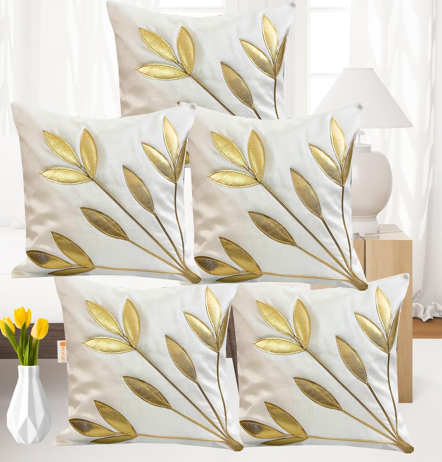 Cushion Covers – Dupion Silk Golden Floral Embroidered – 16x16 Inch, Set of 5
