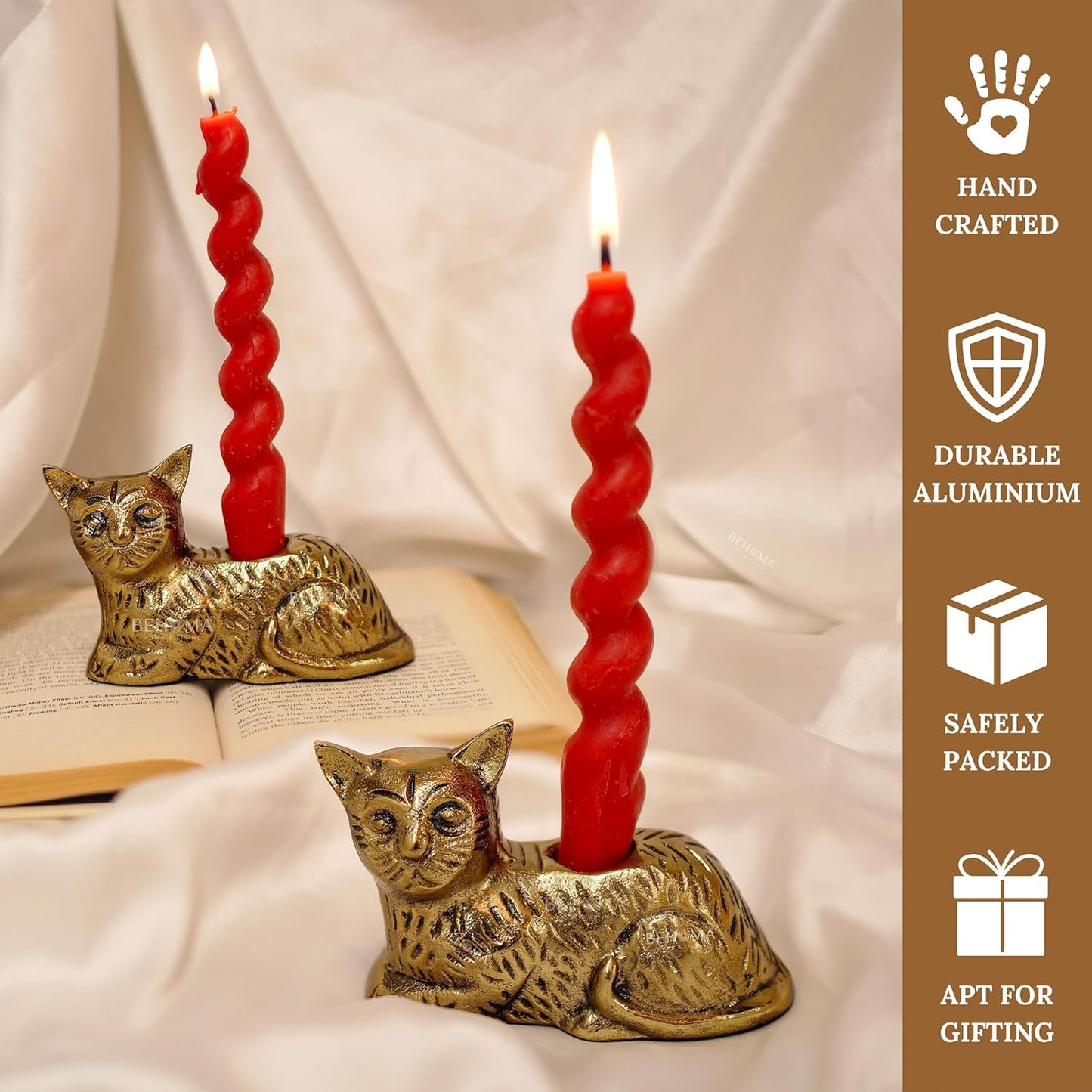 Aluminium Cat Figurine Candle Holder Set – Antique Gold – 13cm H, Pack of 2
