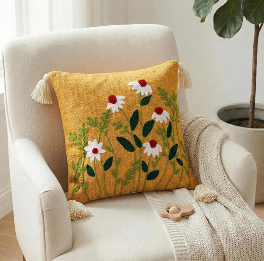Embroidered Slub Cotton Cushion Cover – Decorative Pillow Case – Tufted Floral Design – 16x16 Inch