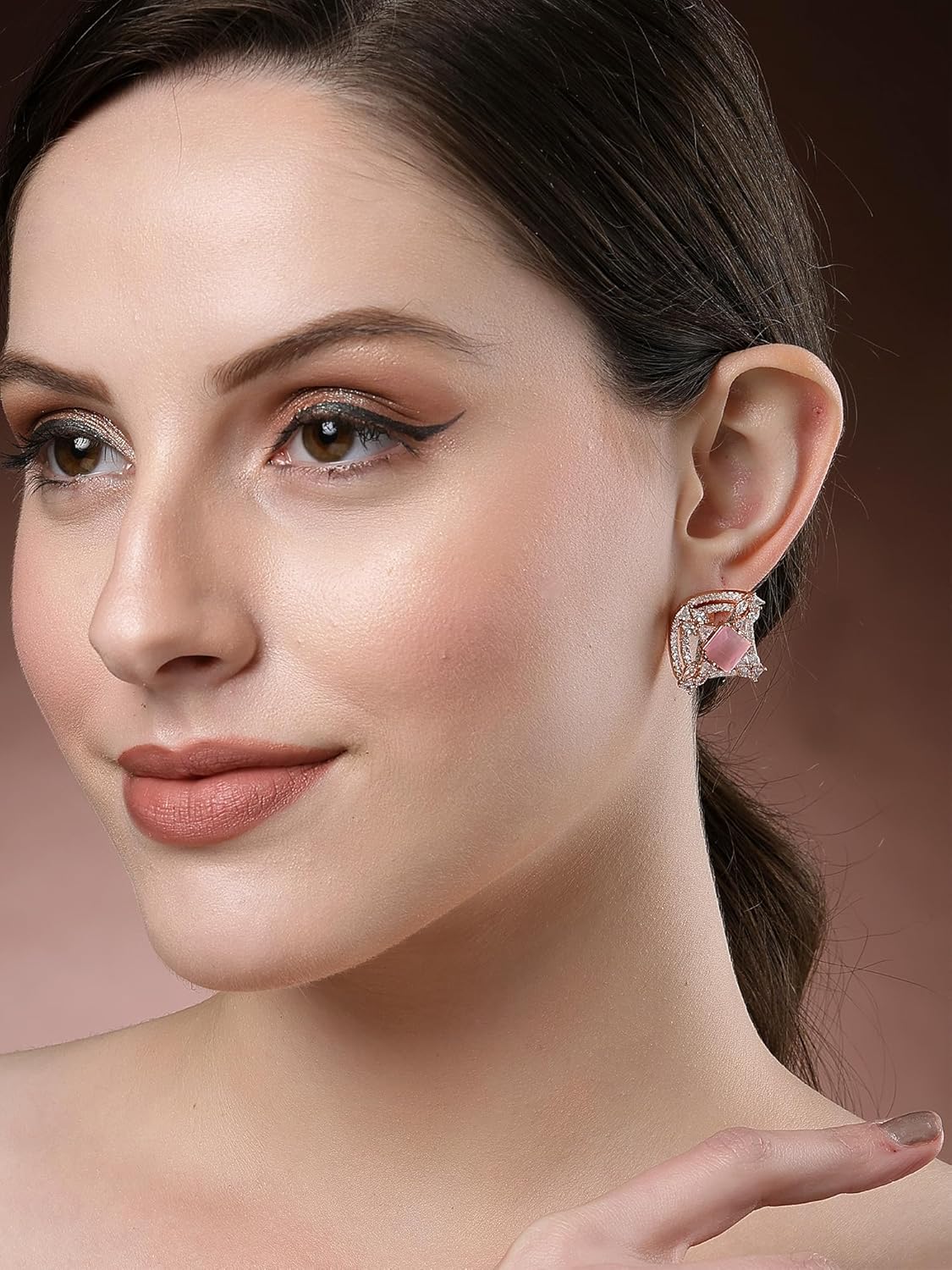 Rose Gold Plated Pink American Diamond Stud Earrings – Hypoallergenic Jewellery – Standard Pair