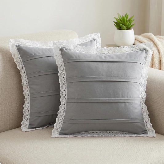 Square Cushion Slips – Cotton-Linen Blend – Delicate Lace Trim – 40x40cm Pair