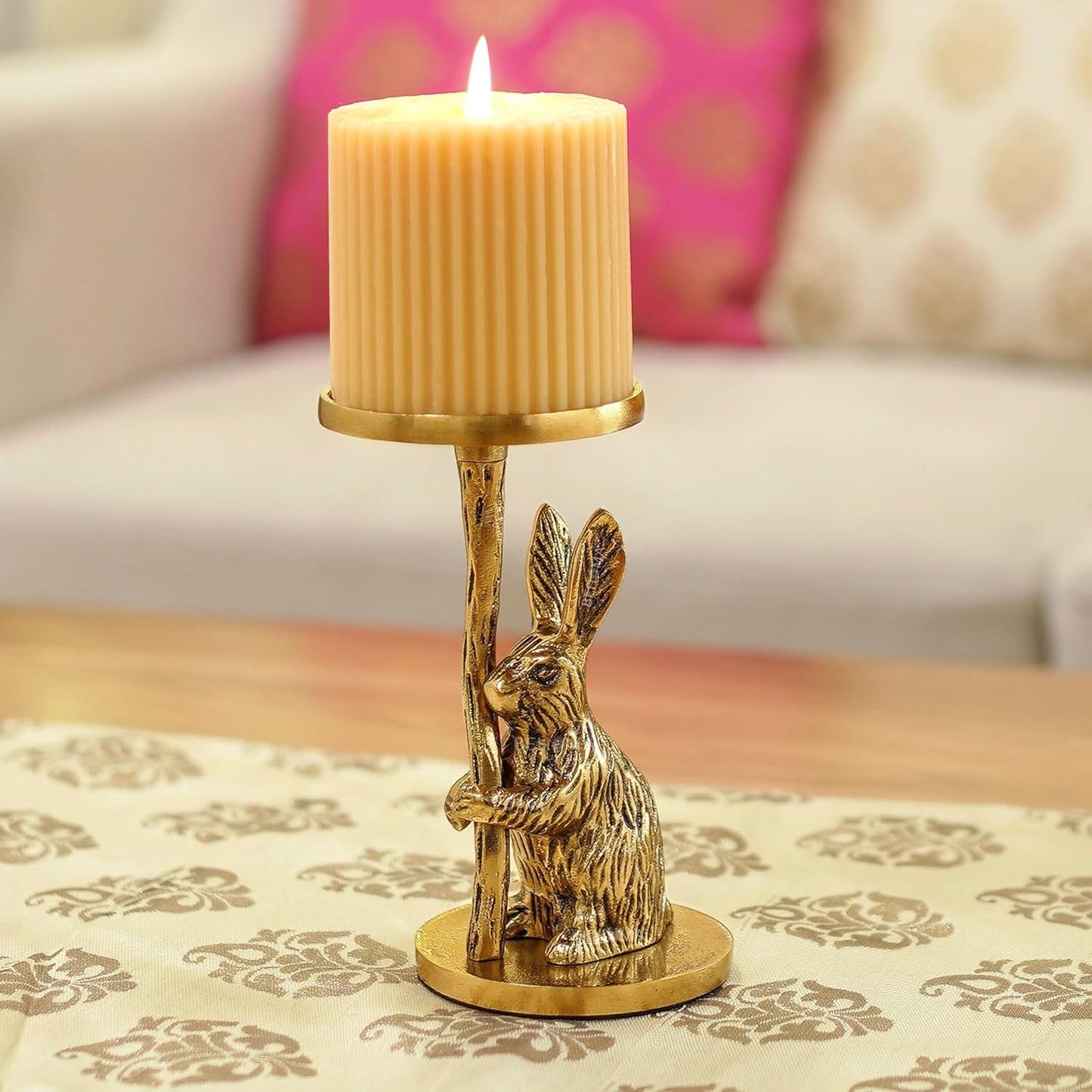 Pillar Candle Holder – Aluminium Rabbit Figurine – Gold Finish, 16cm