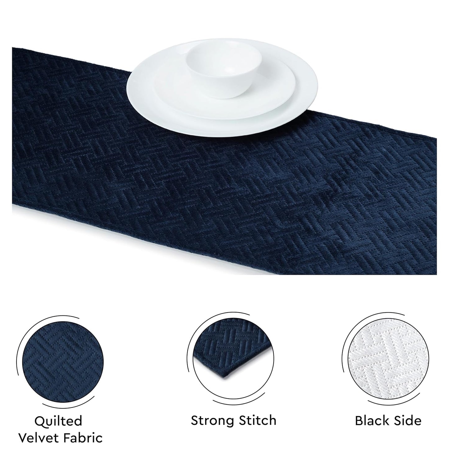 Dining Table Runner – Navy Quilted Velvet, 360 GSM – 32x150 cm, Machine Washable