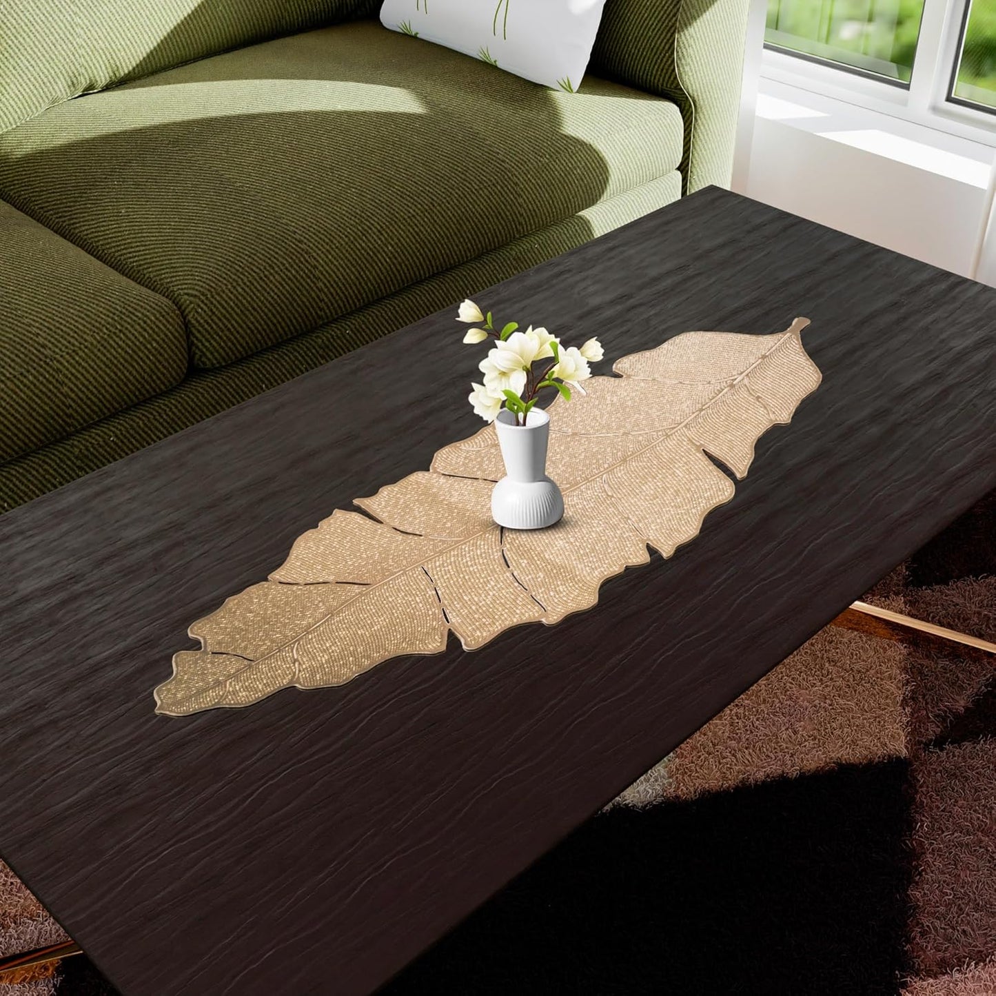 Table Runner – Leather, Golden Leaf Design – 92x34 cm