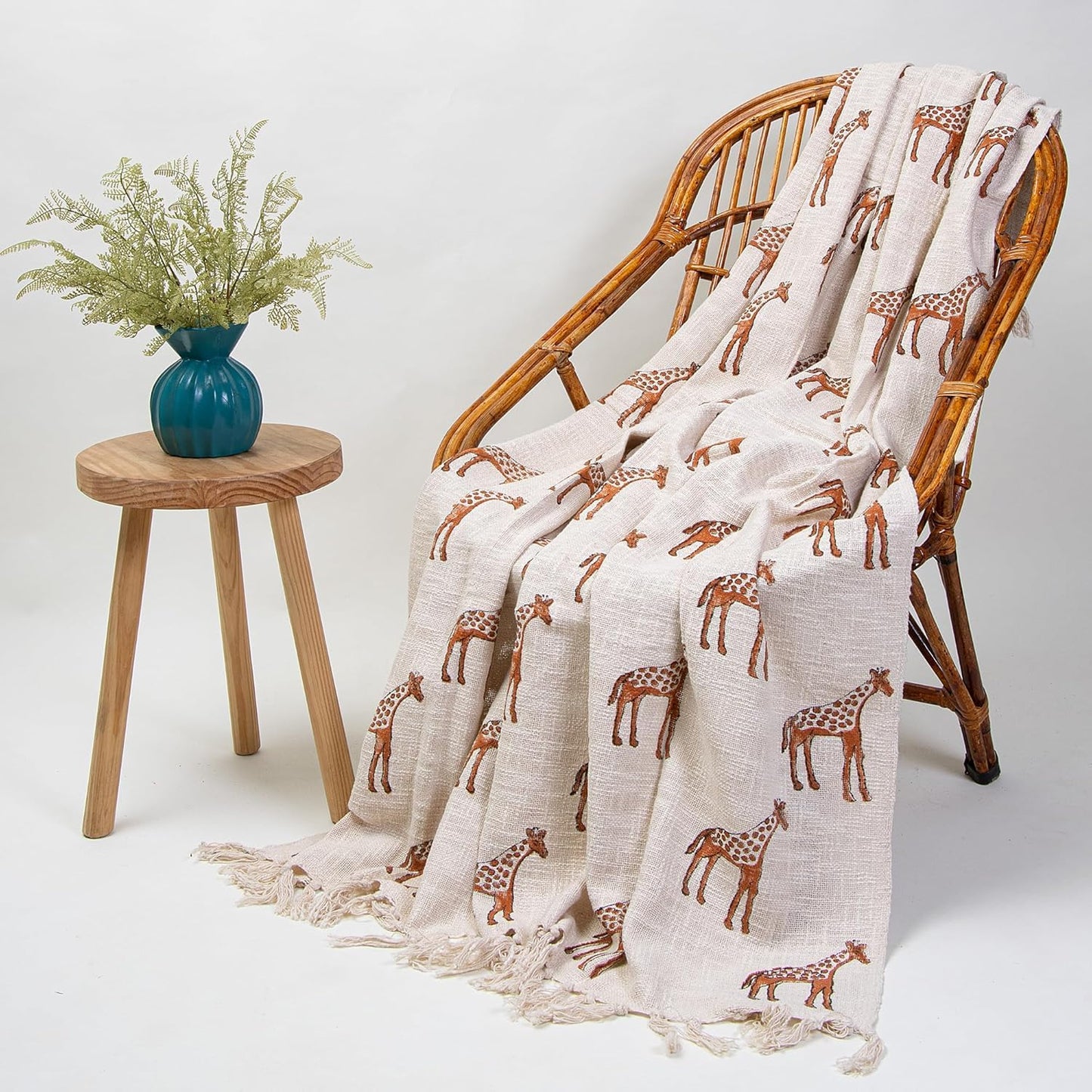 Giraffe Print Throw Blanket – 100% Cotton Sofa & Bed Cover – Tasseled – 50x70 Inch