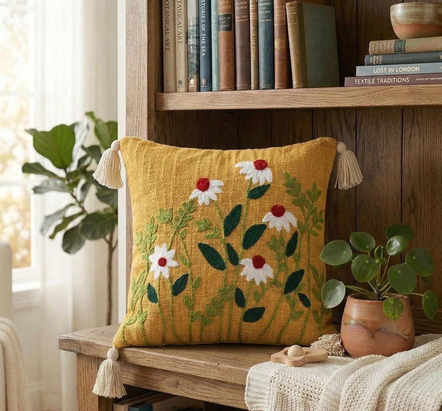 Embroidered Slub Cotton Cushion Cover – Decorative Pillow Case – Tufted Floral Design – 16x16 Inch