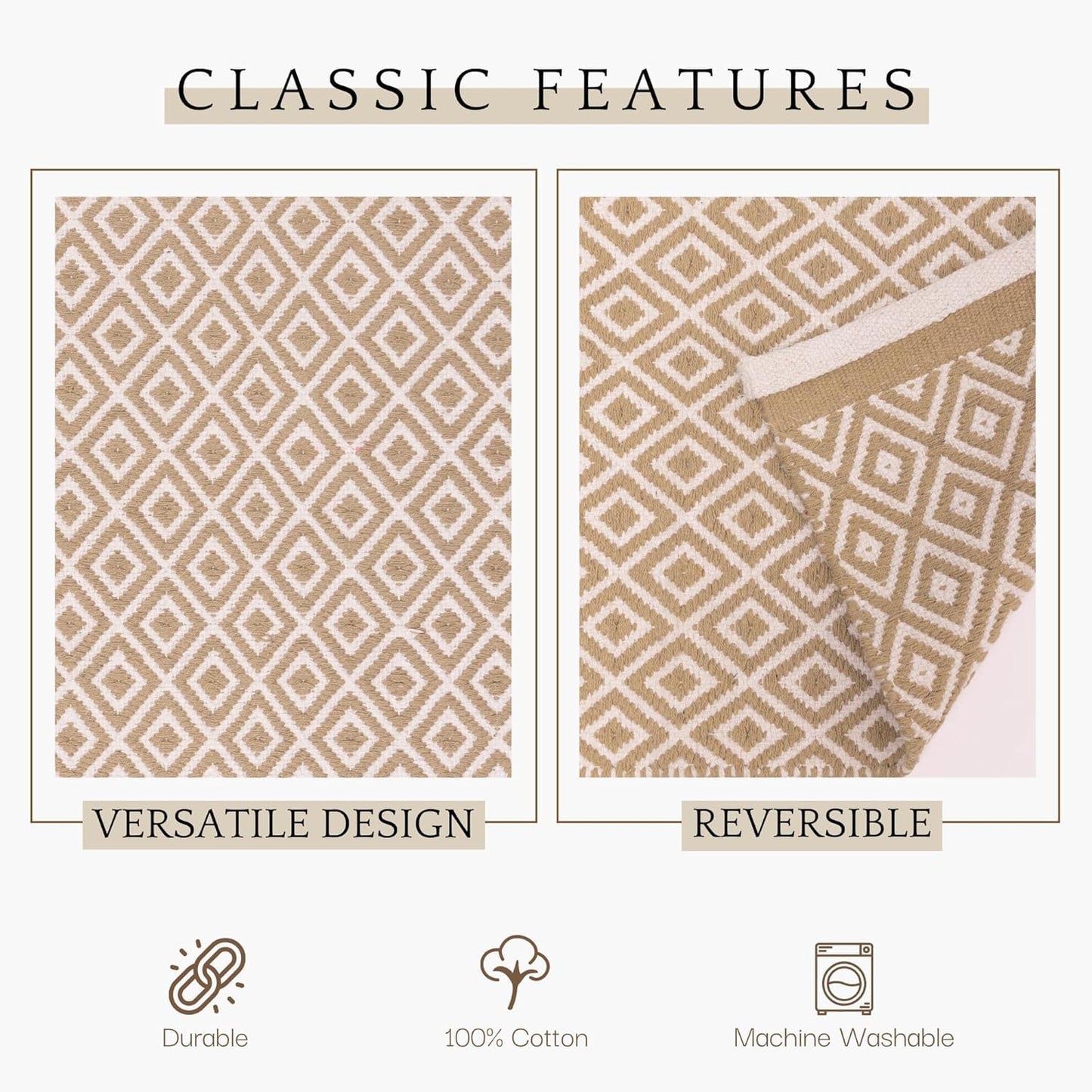 Hand Woven Cotton Rug Runner – Reversible Diamond Pattern – 2x5 ft (60x152 cm)